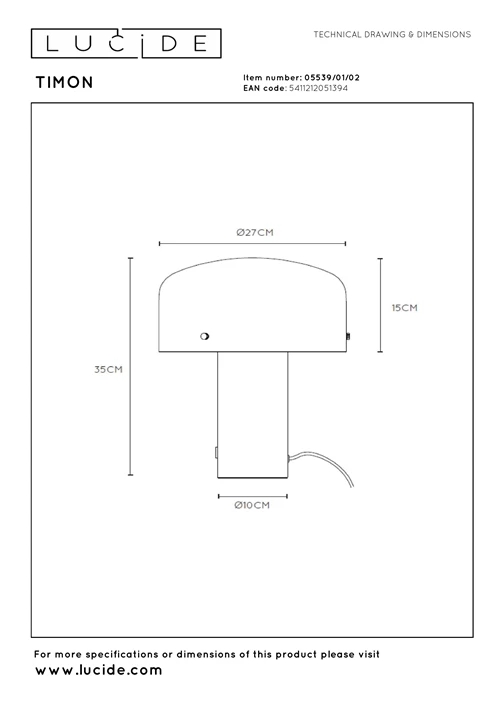 Lucide TIMON - Tafellamp - 1xE27 - Mat Goud / Messing - technisch